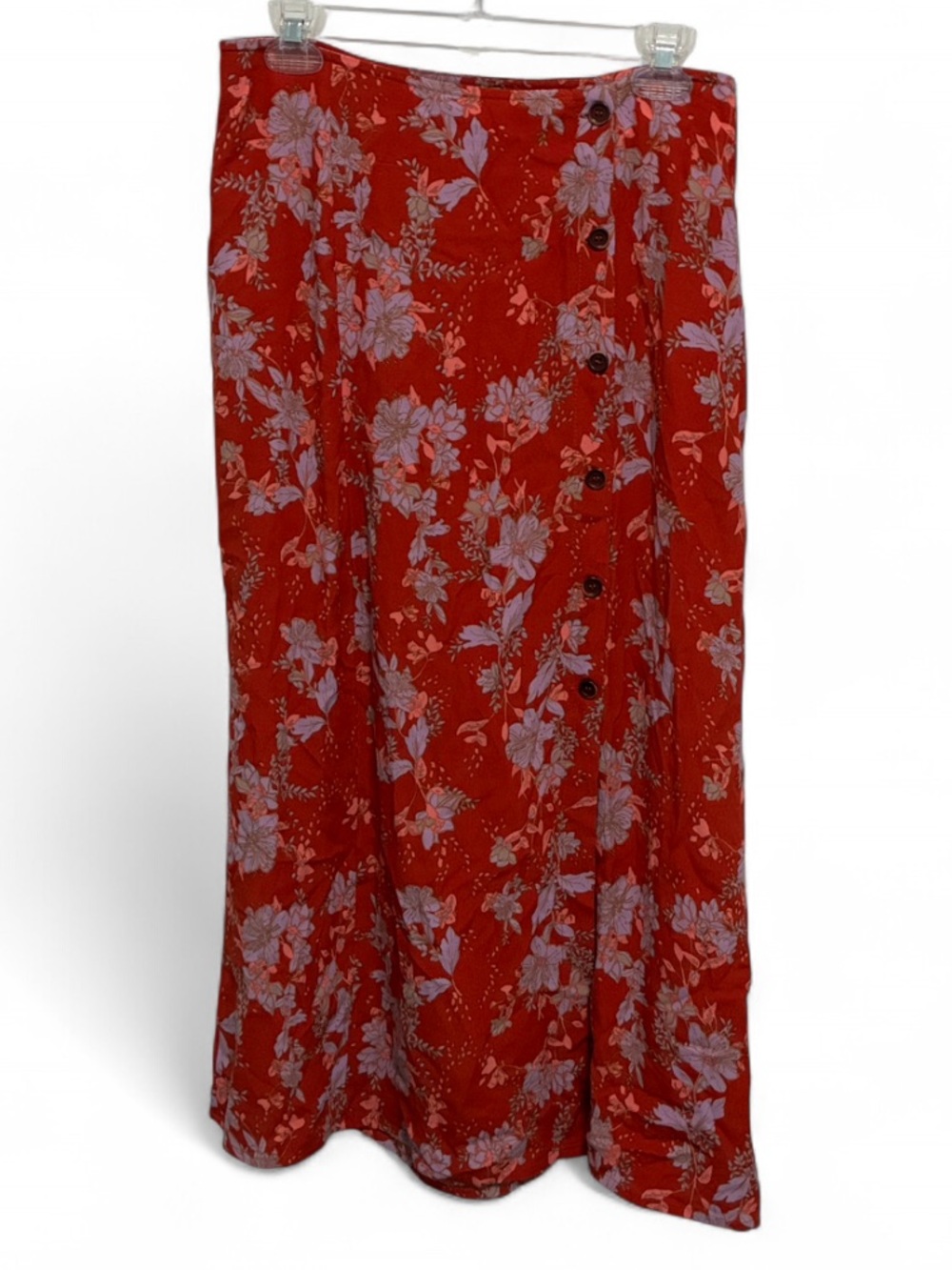 Free People Retro Love Red Button Midi Skirt with Pink Floral Print